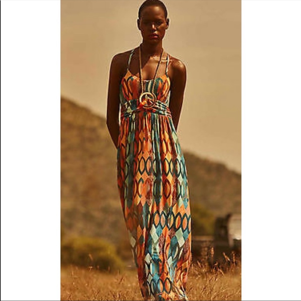 Anthropologie Multicolor Geometric Halter Maxi Dress